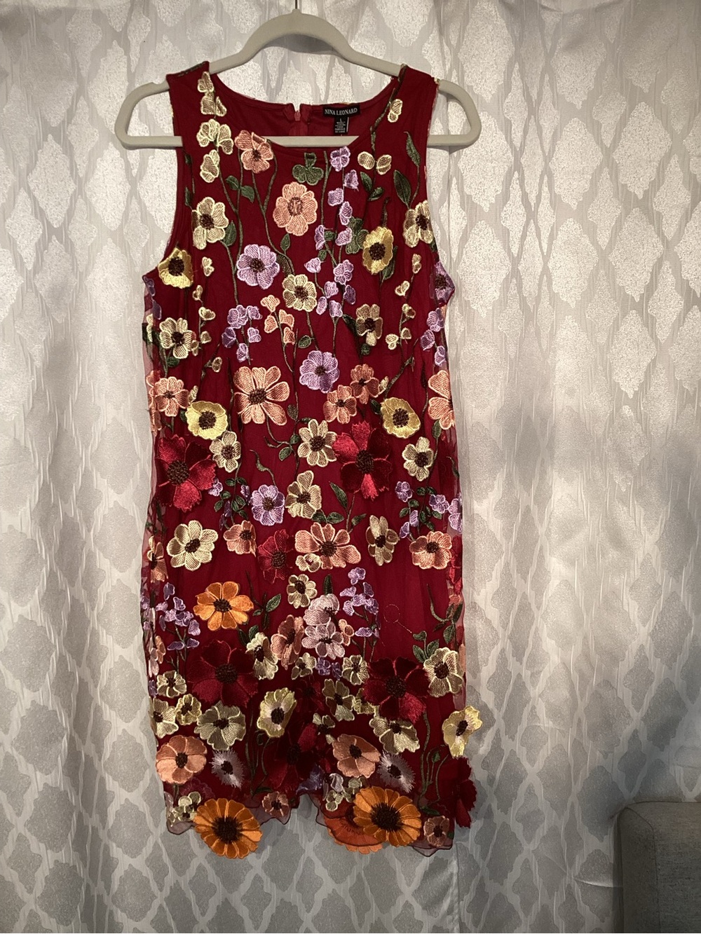 Nina Leonard Burgundy Floral Embroidered Party Dress